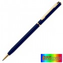 Niebieski metalowy długopis reklamowy ze złotymi dodatkami. Gadżety piśmiennicze pod nadruk.